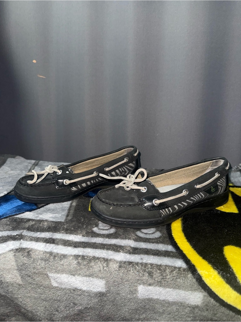 Sperry Black Boat Shoes with White Lace Detail